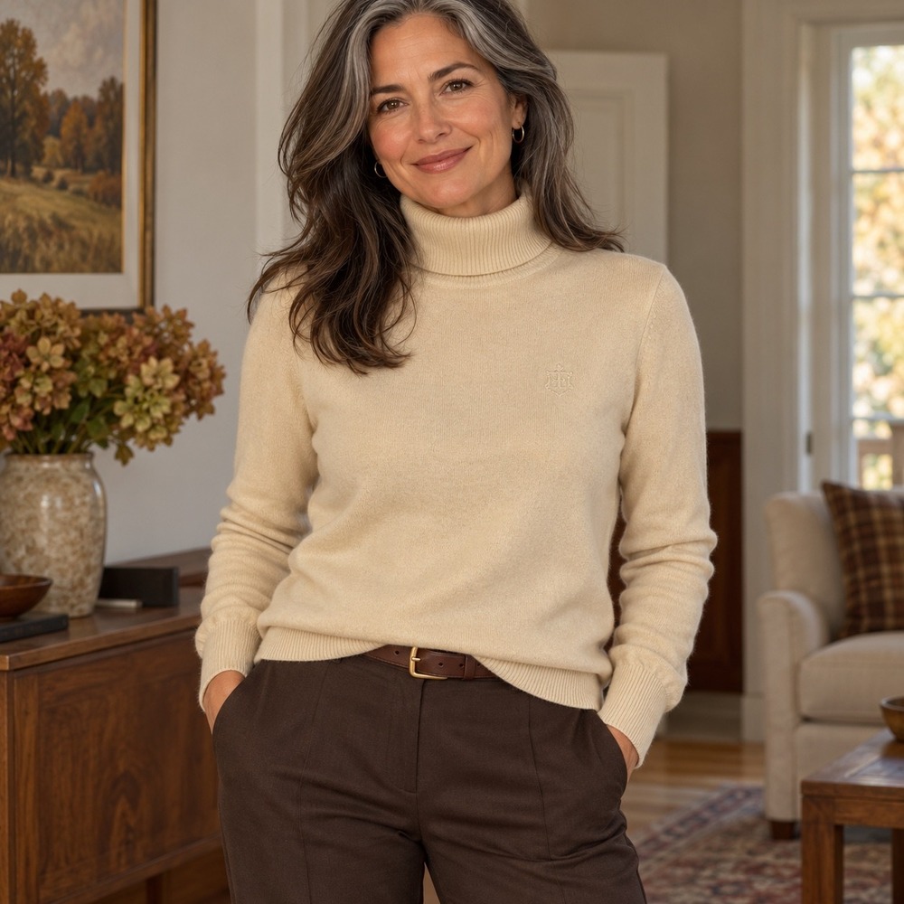 Lauren Ralph Lauren Cream Silk Cashmere Turtleneck Sweater NWT LRL Logo L - Picture 2 of 9